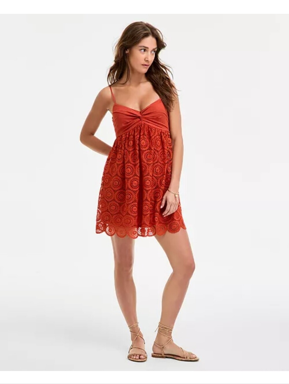 Row A Rust Orange Lace Crochet Dress Size S Spaghetti Strap Boho Midi Sundress